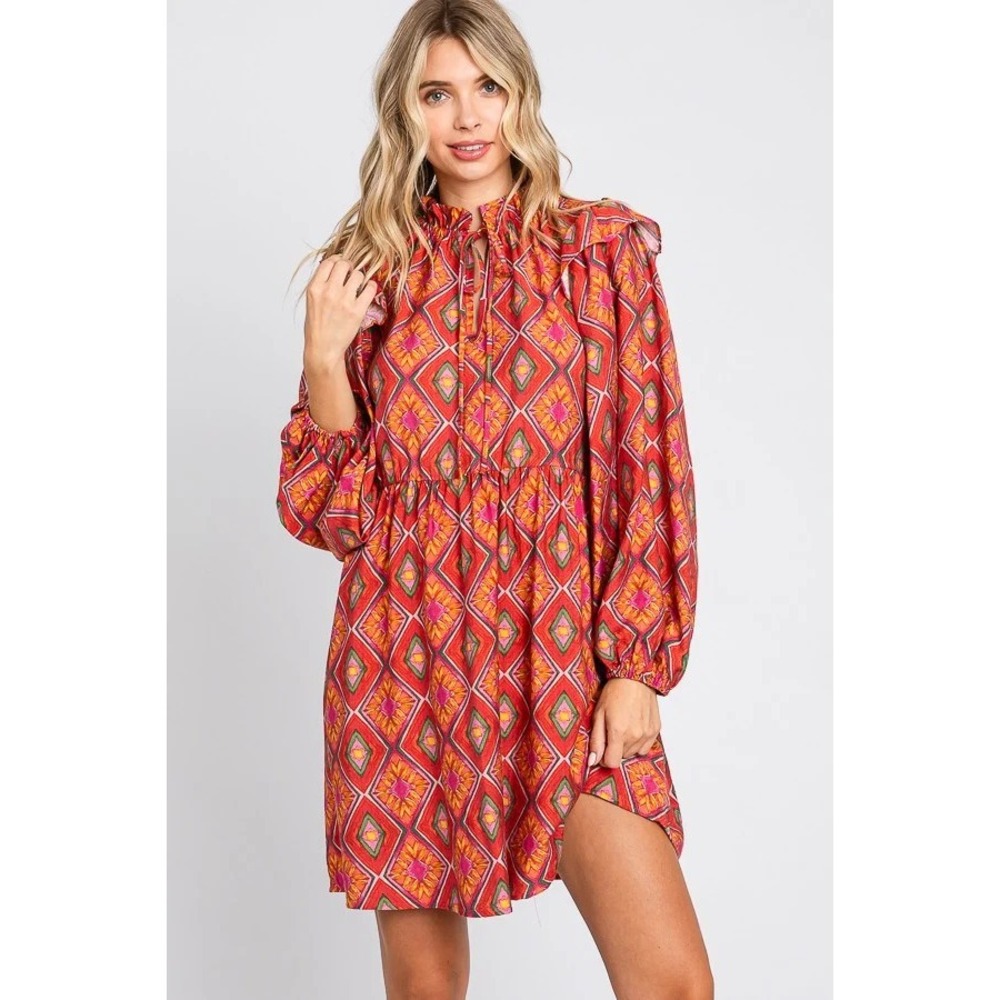 Lady Allie Boho Dress Womens M Red Geometric Ruffle‎ Peasant Mini Chic
